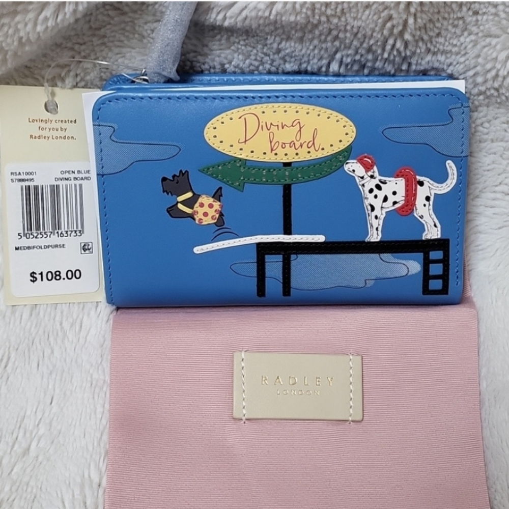 RADLEY LONDON Blue Leather Diving Board With Dogs Bifold Wallet, New With Tags